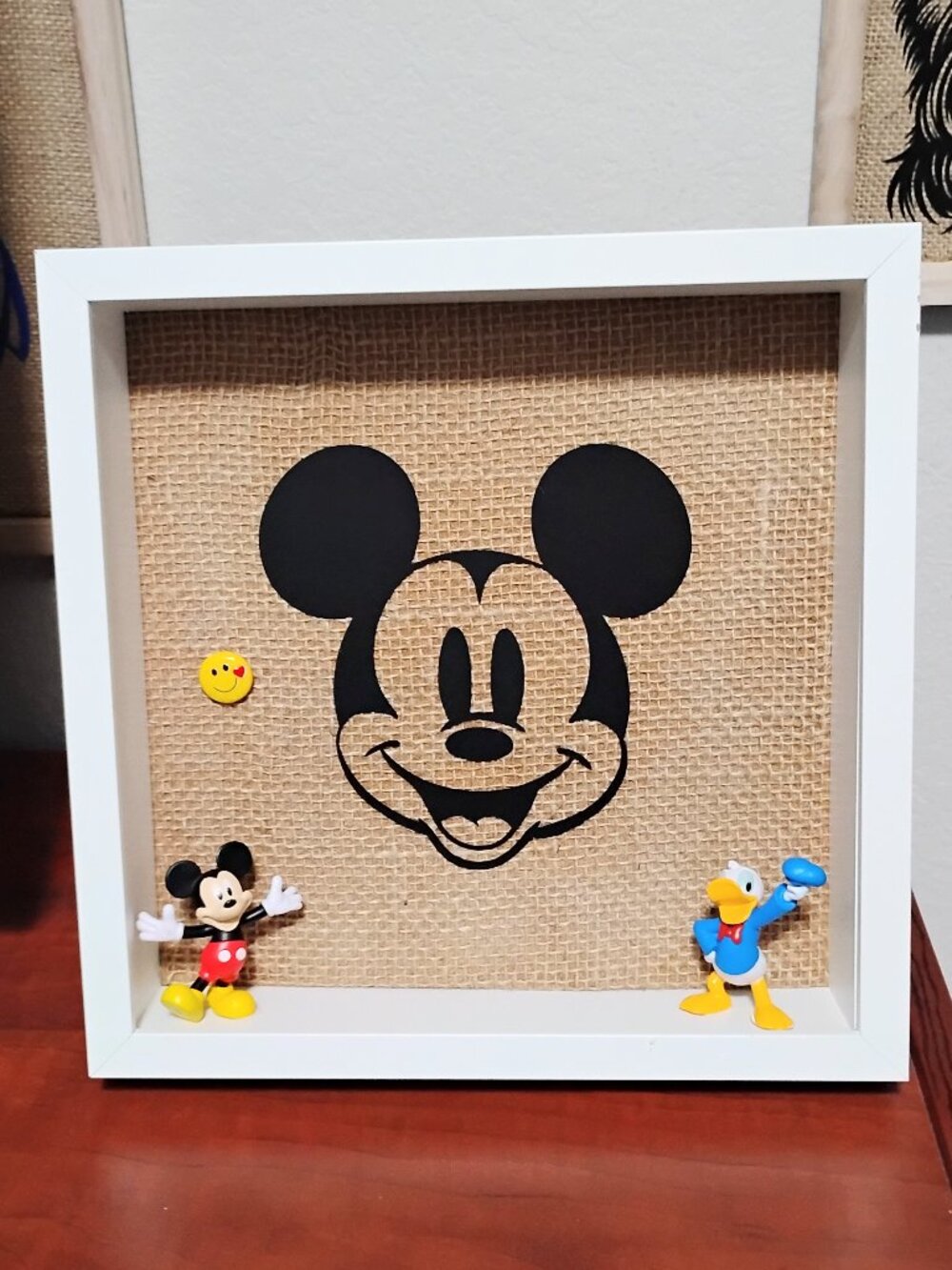 Adorable Mickey Mouse Inspired 10.5" x 10.5" Shadow Box Burlap Memo Cork Board